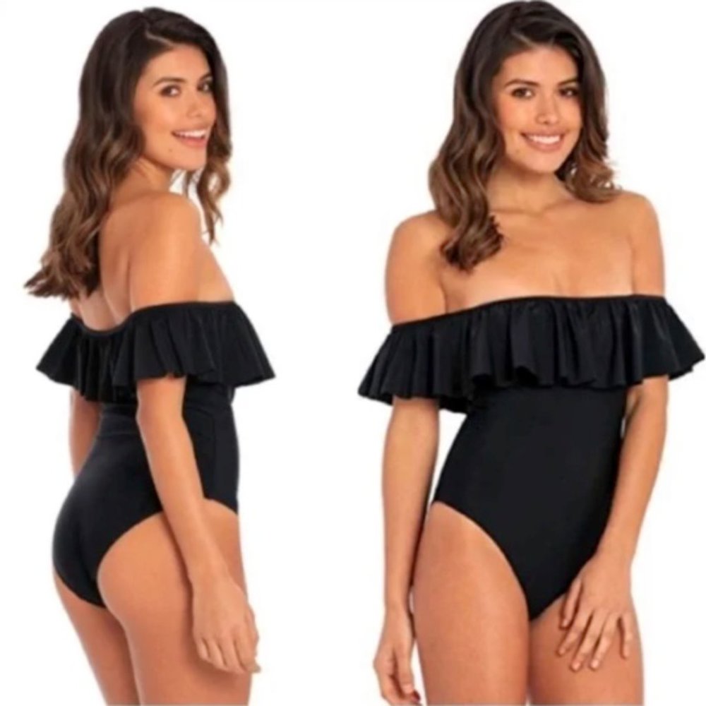 Hollywood Red off shoulder one piece bathing suit